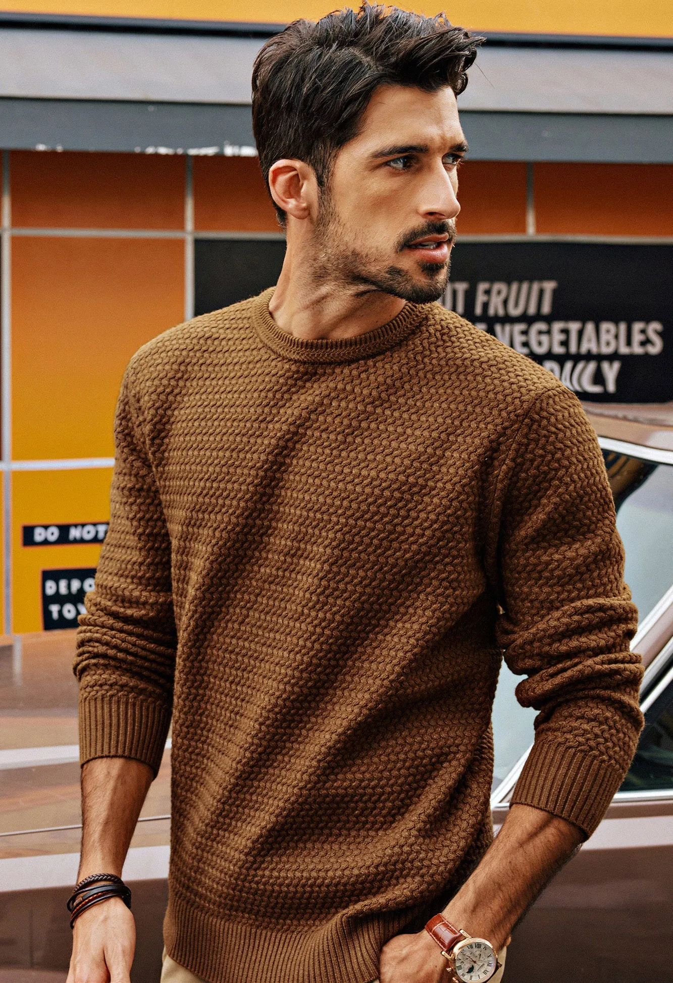 Men Textured Sweater Long Sleeve Crew Neck Ribbed Cuff Pullover Knitwear