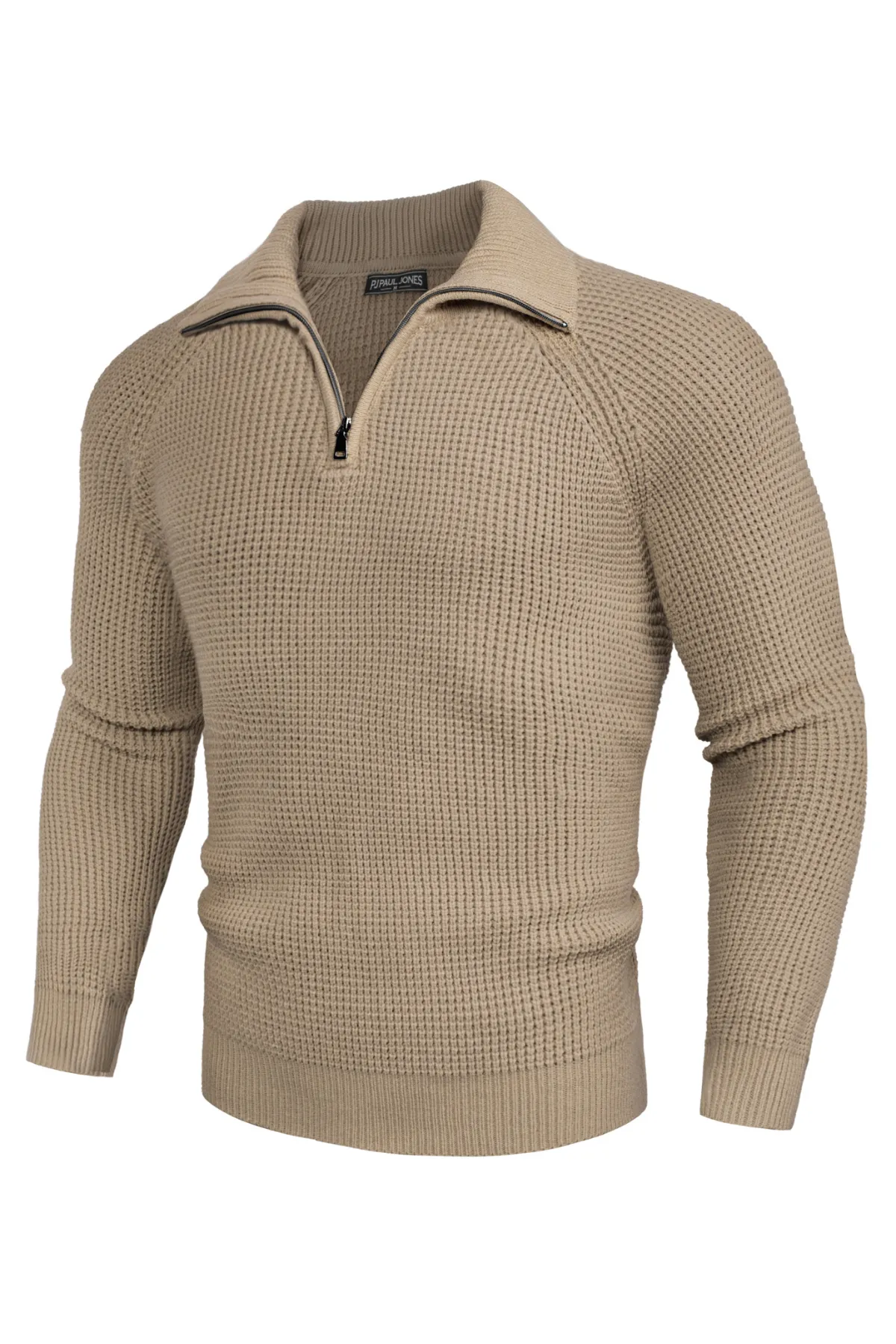 Men Waffle Textured Sweater Long Raglan Sleeve Lapel Collar Pullover