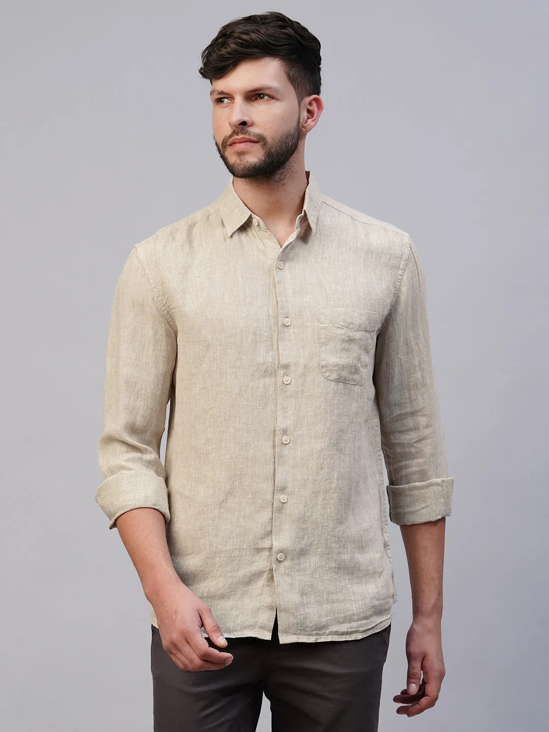 Men's 100% Linen Natural Regular Fit Long Sleeved Shirt