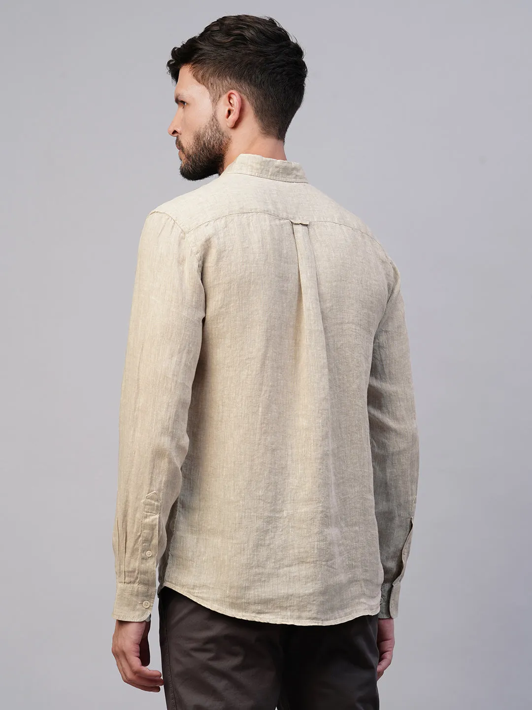 Men's 100% Linen Natural Regular Fit Long Sleeved Shirt