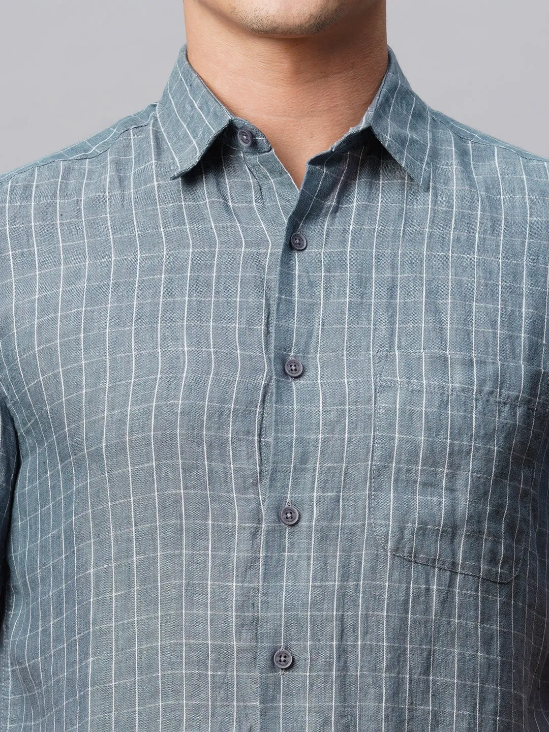 Men's 100% Linen Regular Fit Grey Checked Shirt