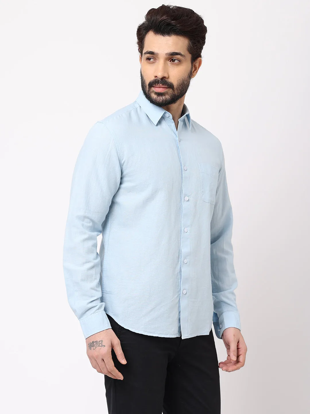 Men's 100% Linen Sky Blue Regular Fit Shirt