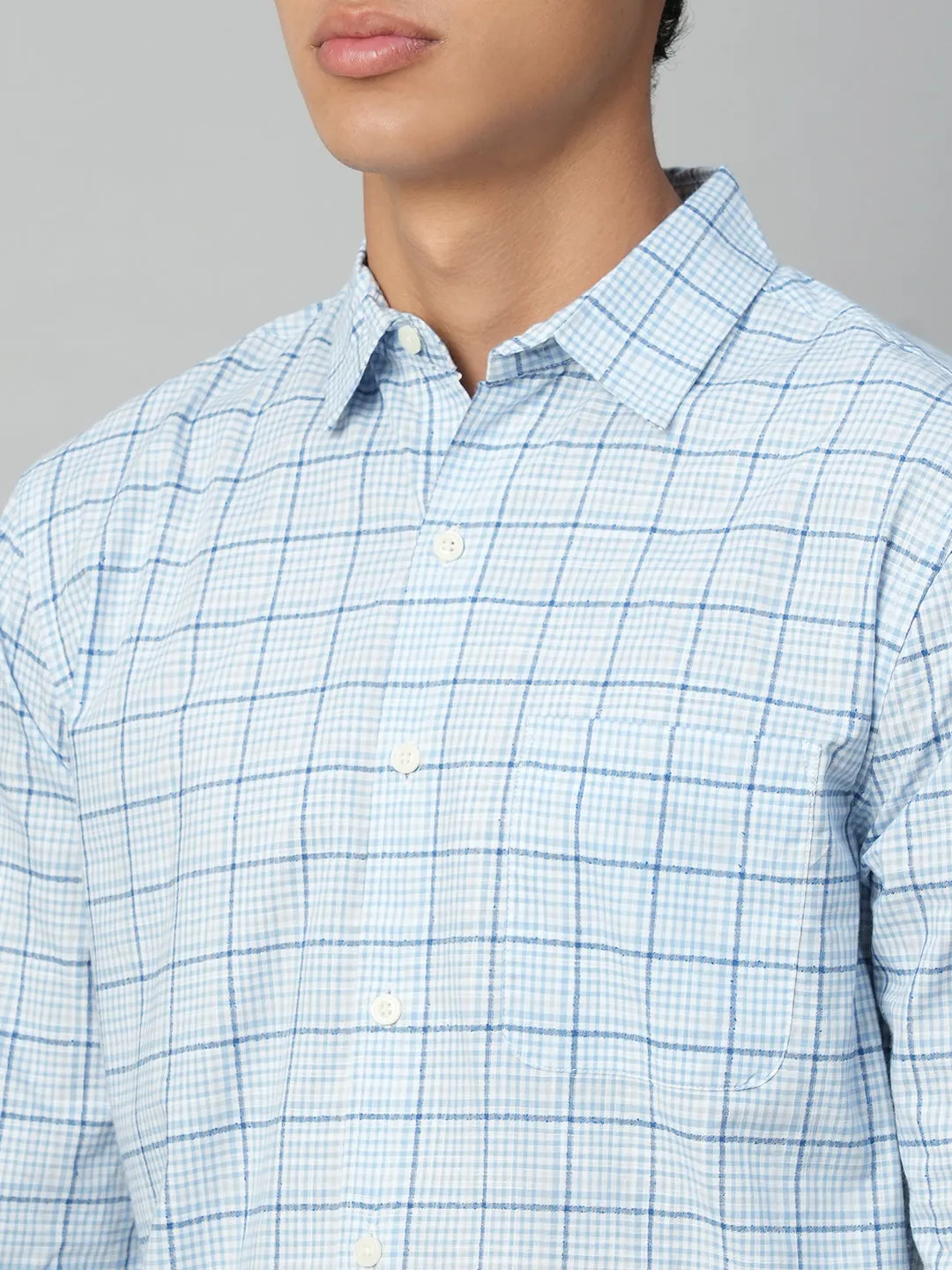 Men's Blue Cotton Regular Fit Checked Shirt