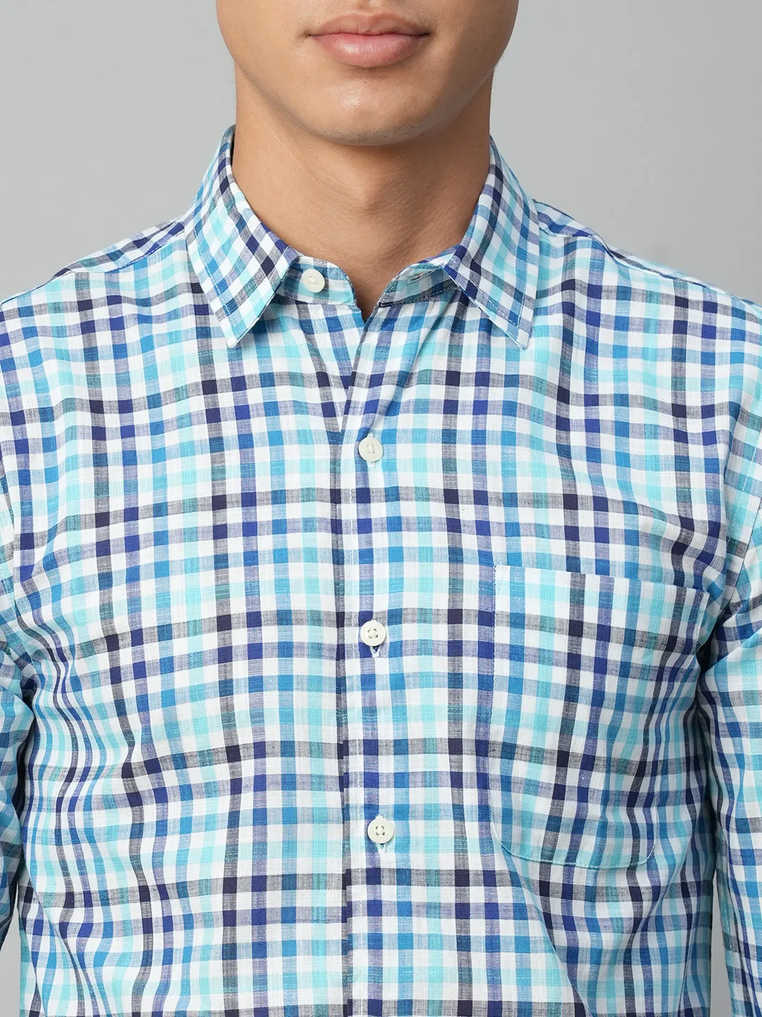 Men's Blue Cotton Regular Fit Checked Shirt