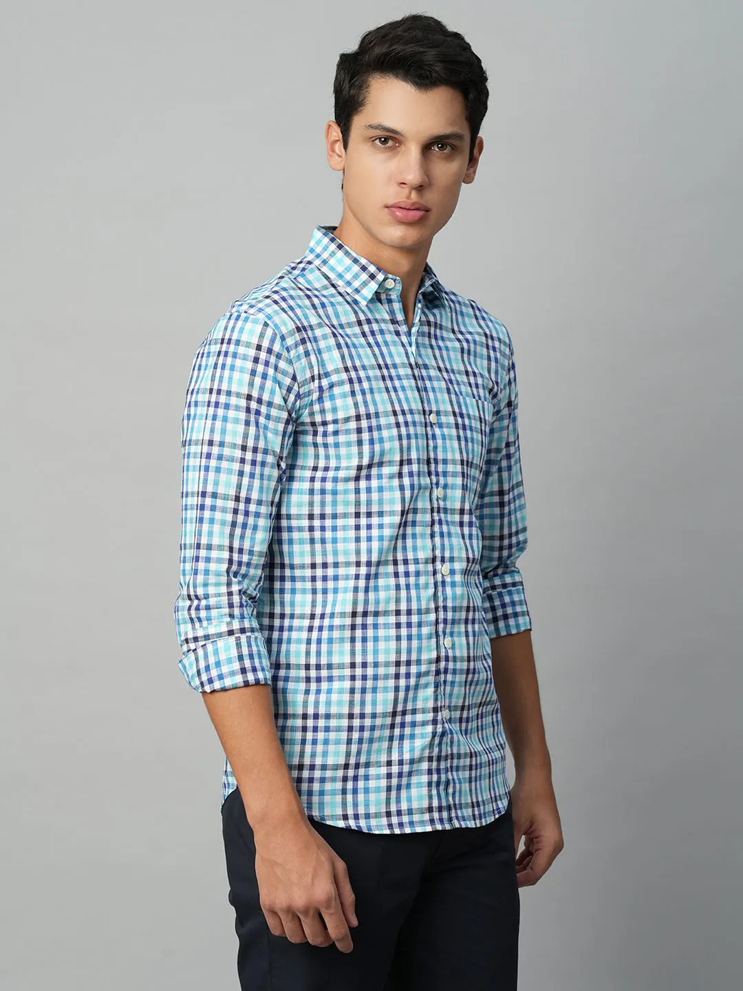 Men's Blue Cotton Regular Fit Checked Shirt