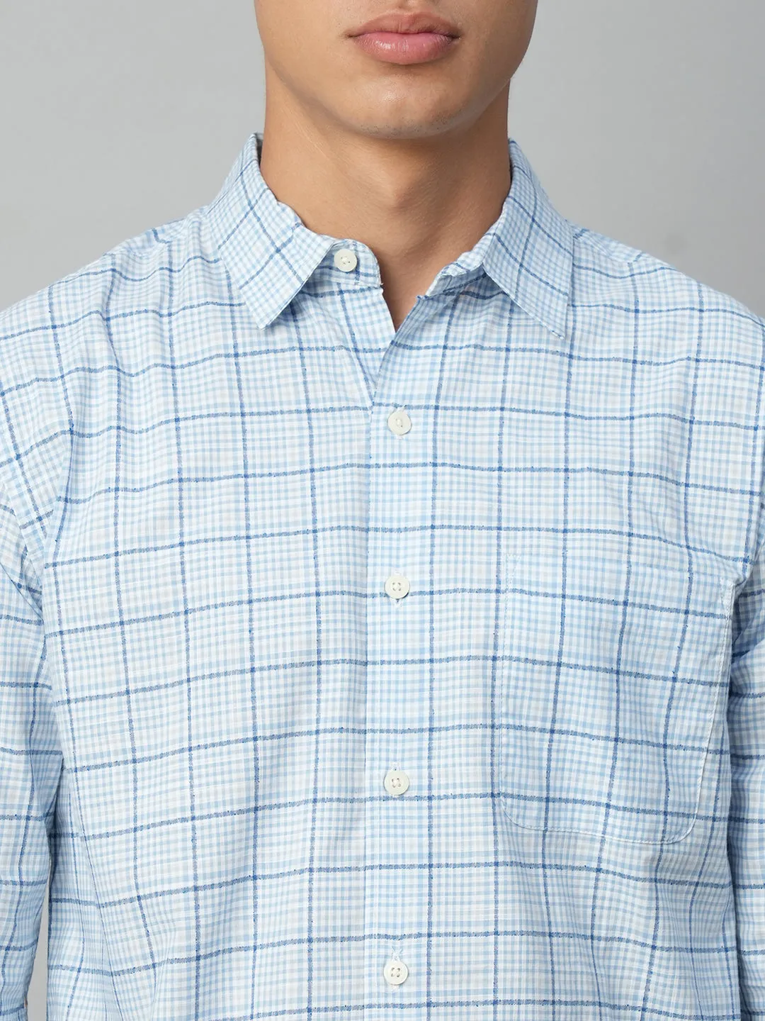 Men's Blue Cotton Regular Fit Checked Shirt