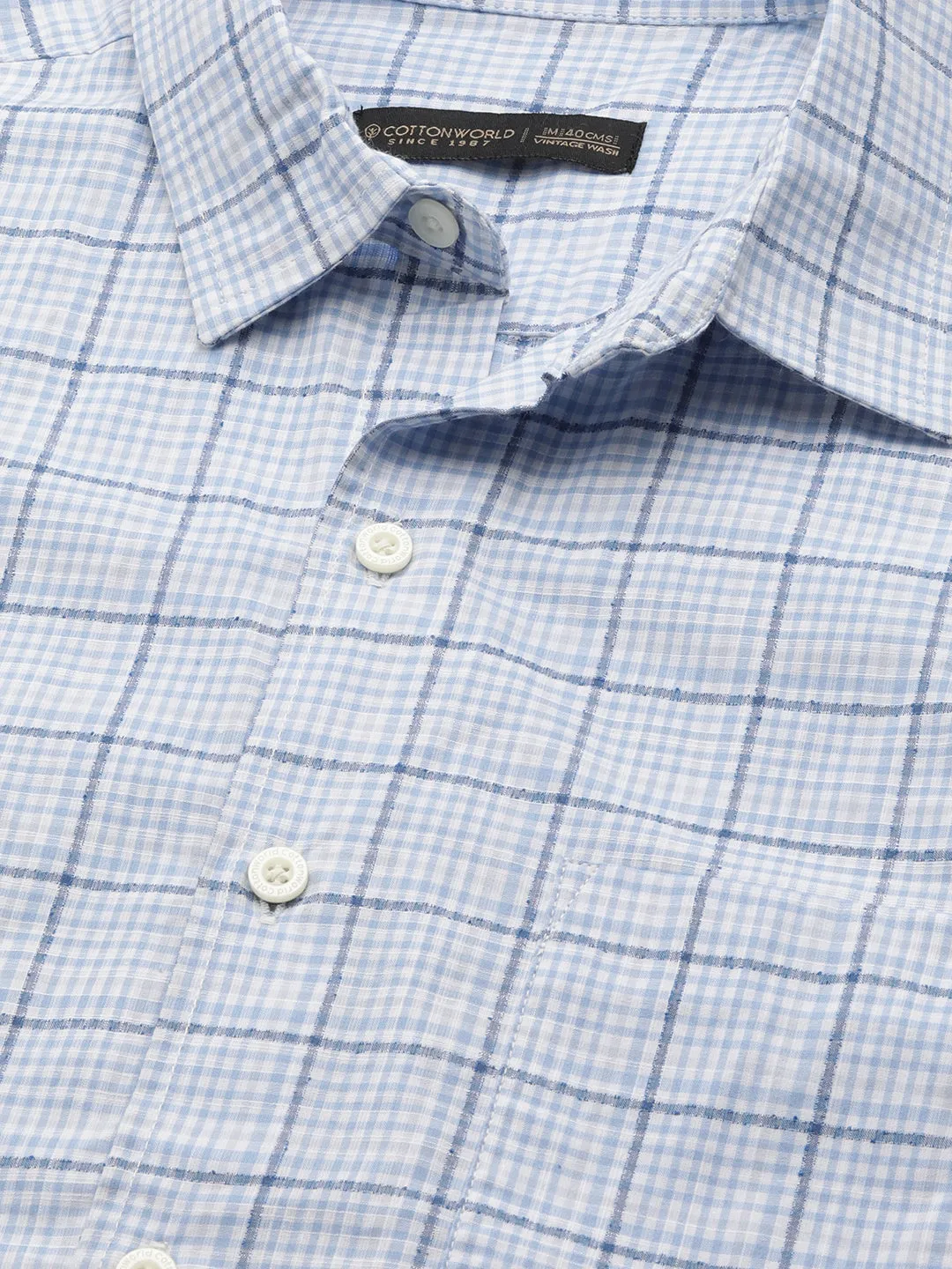 Men's Blue Cotton Regular Fit Checked Shirt