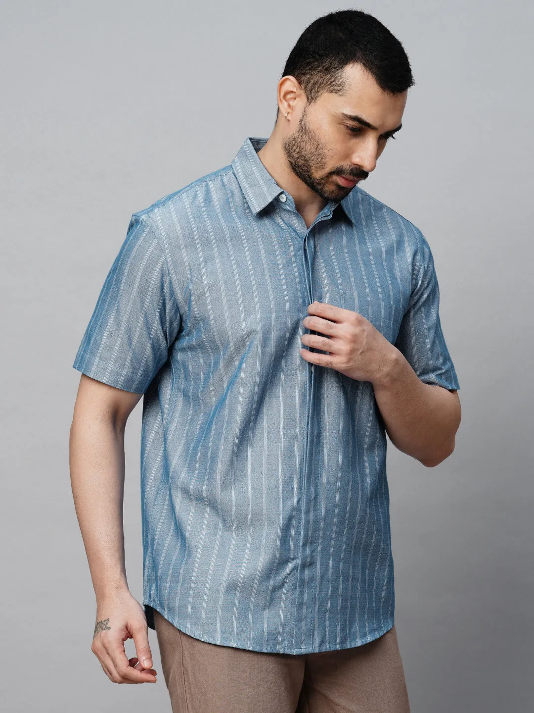 Men's Blue Cotton Regular Fit Striped Shirt