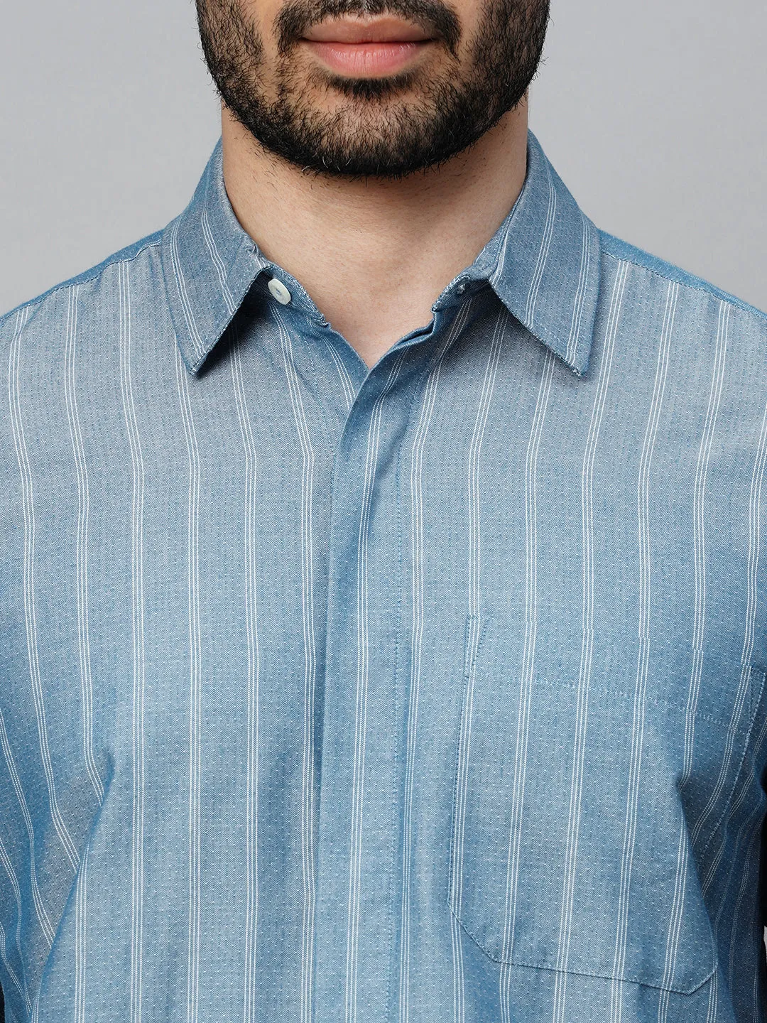 Men's Blue Cotton Regular Fit Striped Shirt