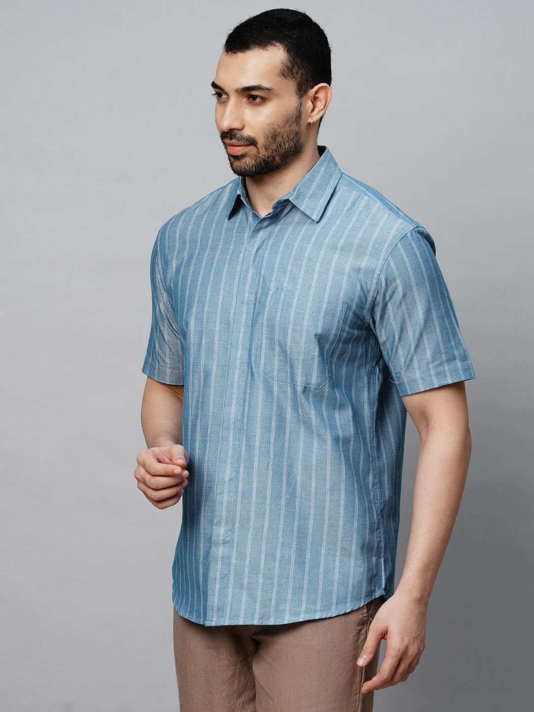 Men's Blue Cotton Regular Fit Striped Shirt