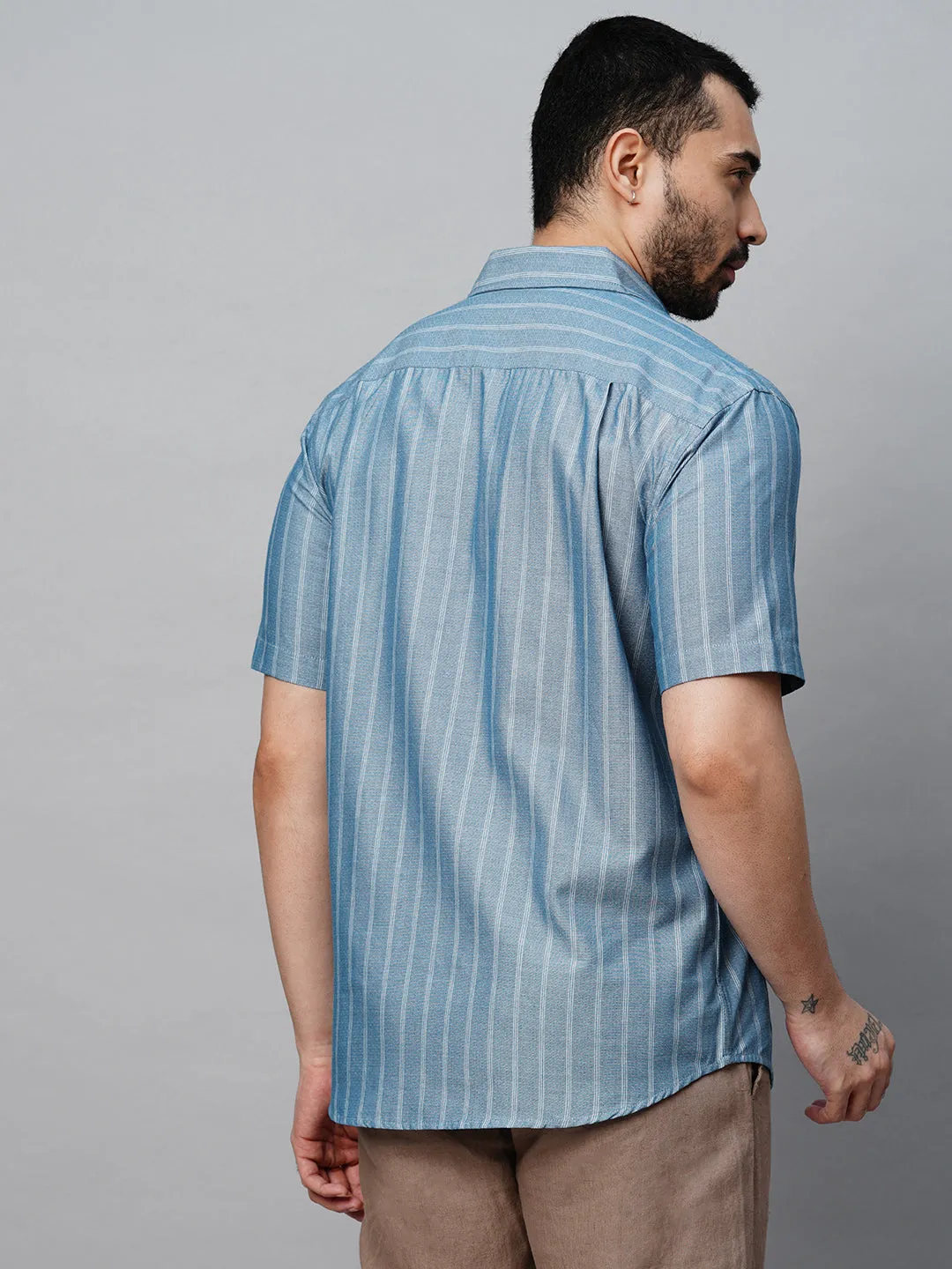 Men's Blue Cotton Regular Fit Striped Shirt