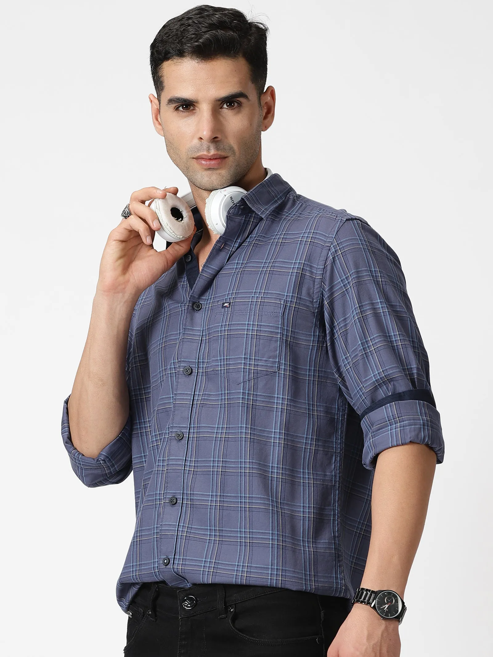 MEN'S DK GREY CHECKS SLIM FIT SHIRT