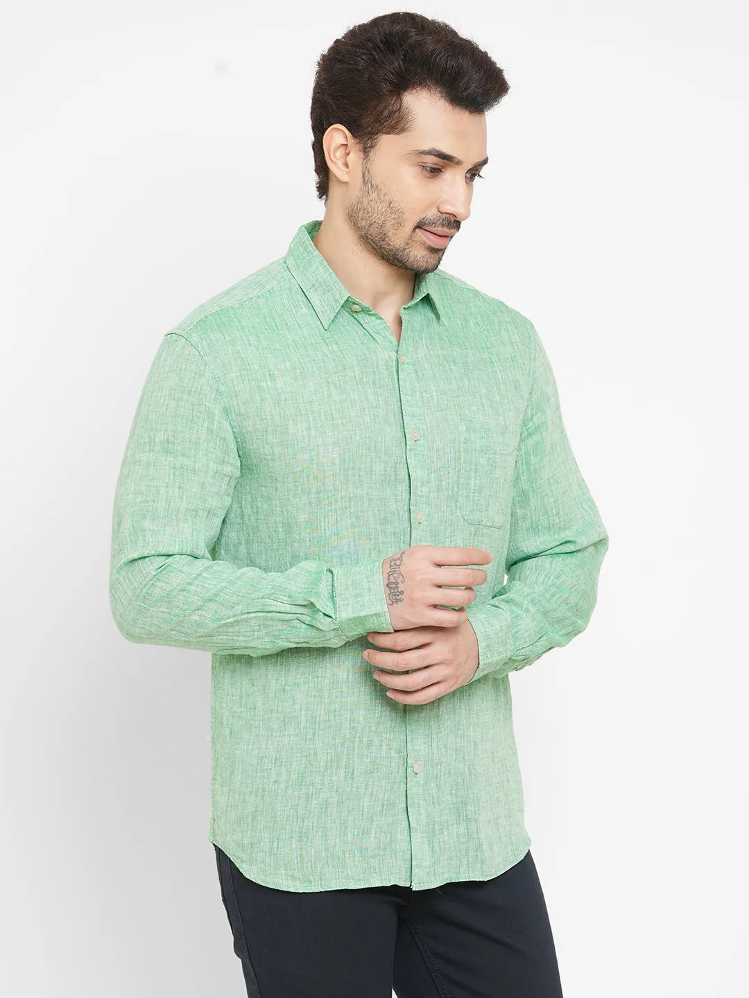 Men's Green 100% Linen Long Sleeve Regular Fit Shirt