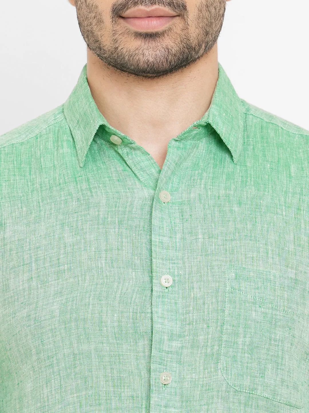 Men's Green 100% Linen Long Sleeve Regular Fit Shirt