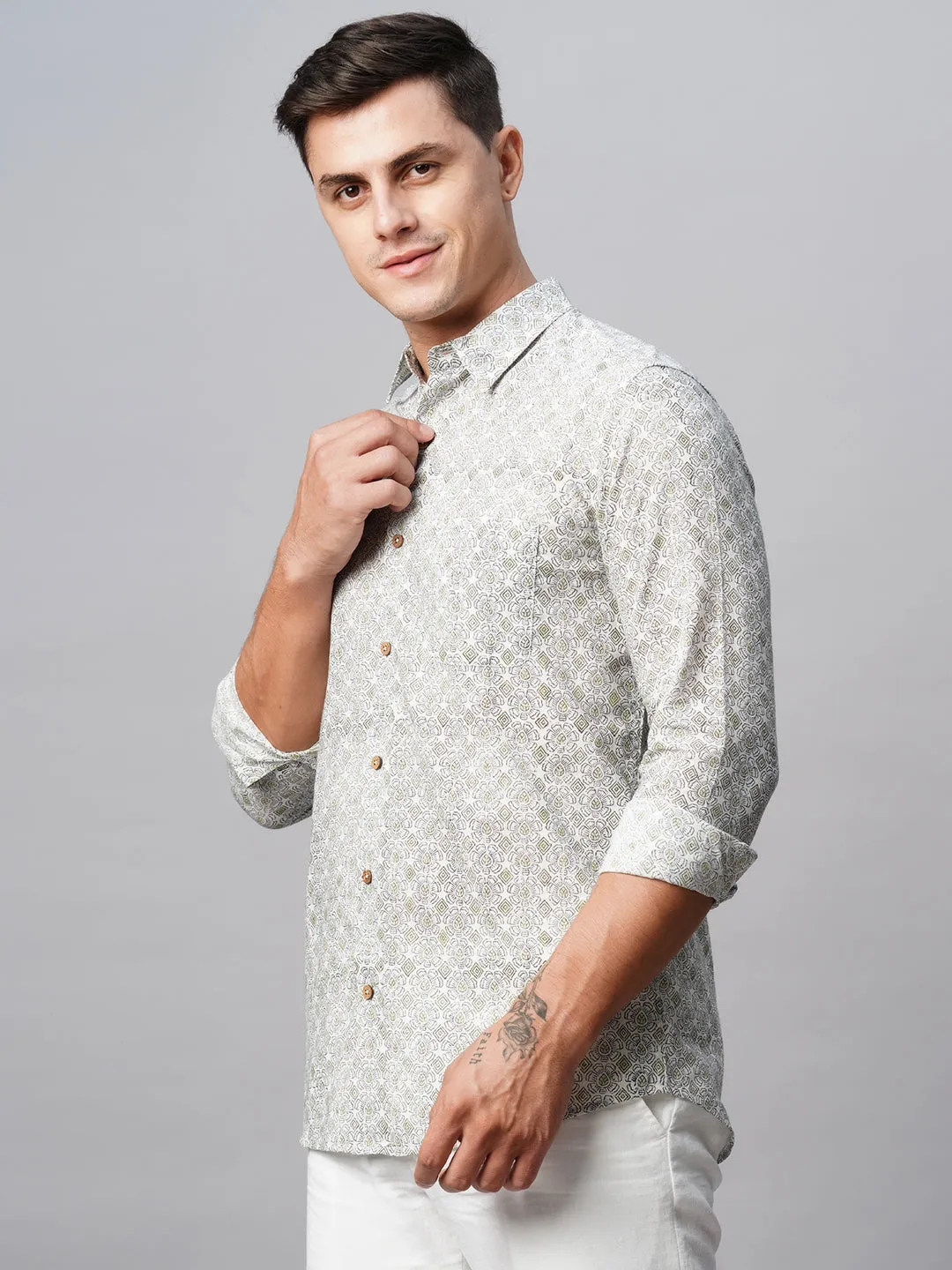 Men's Green Cotton Regular Fit Printed Shirt