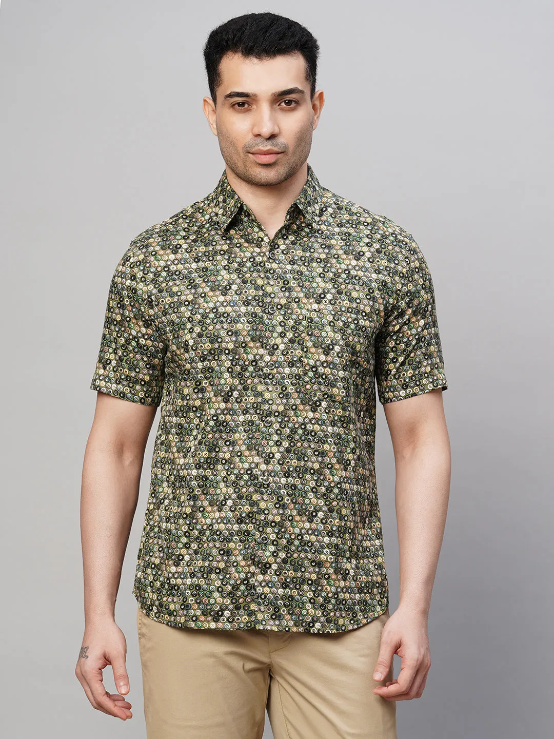 Men's Green Cotton Regular Fit Printed Shirt