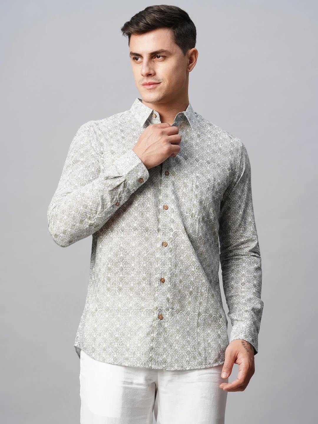 Men's Green Cotton Regular Fit Printed Shirt