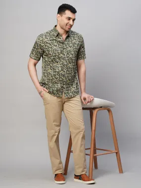 Men's Green Cotton Regular Fit Printed Shirt