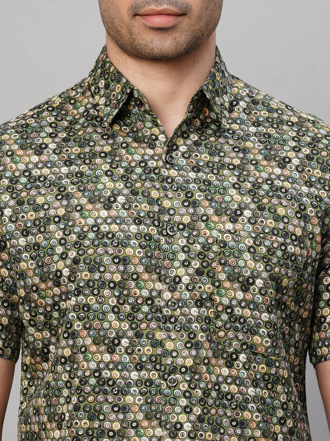 Men's Green Cotton Regular Fit Printed Shirt