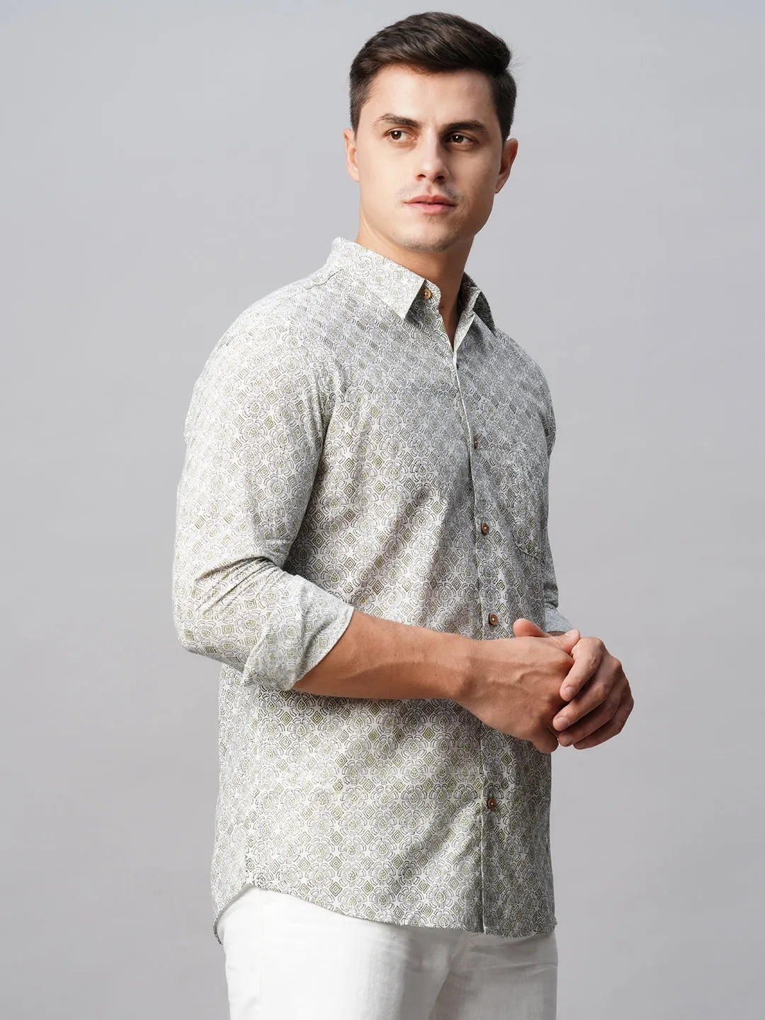 Men's Green Cotton Regular Fit Printed Shirt