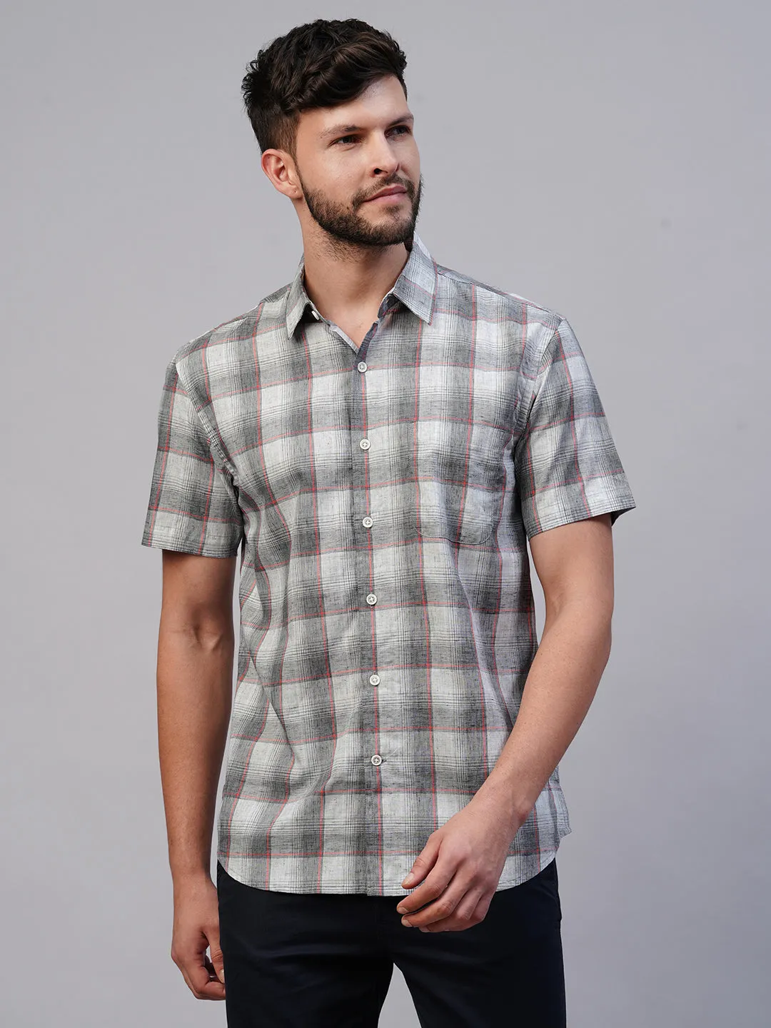 Men's Grey Cotton Lyocell Regular Fit Checked Shirt