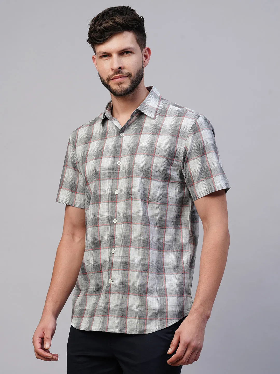 Men's Grey Cotton Lyocell Regular Fit Checked Shirt