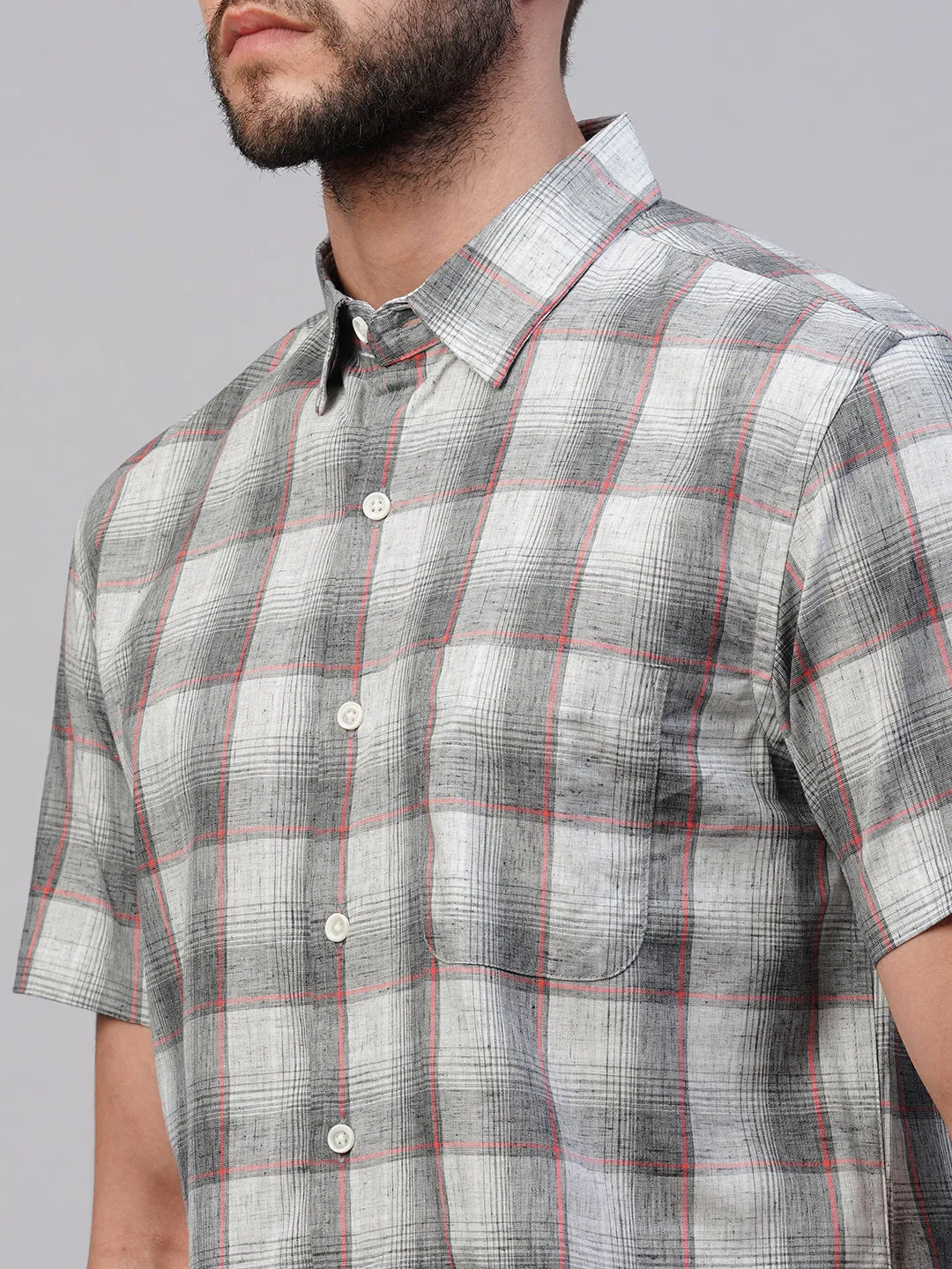 Men's Grey Cotton Lyocell Regular Fit Checked Shirt