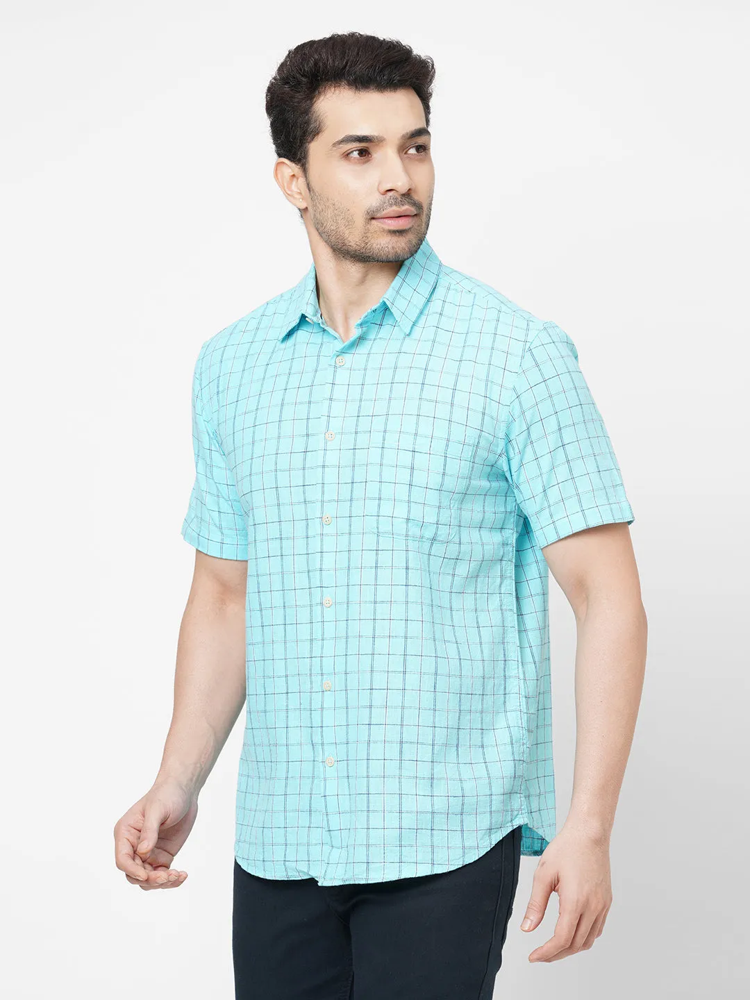 Men's Mint Cotton Regular Fit Checked Shirt