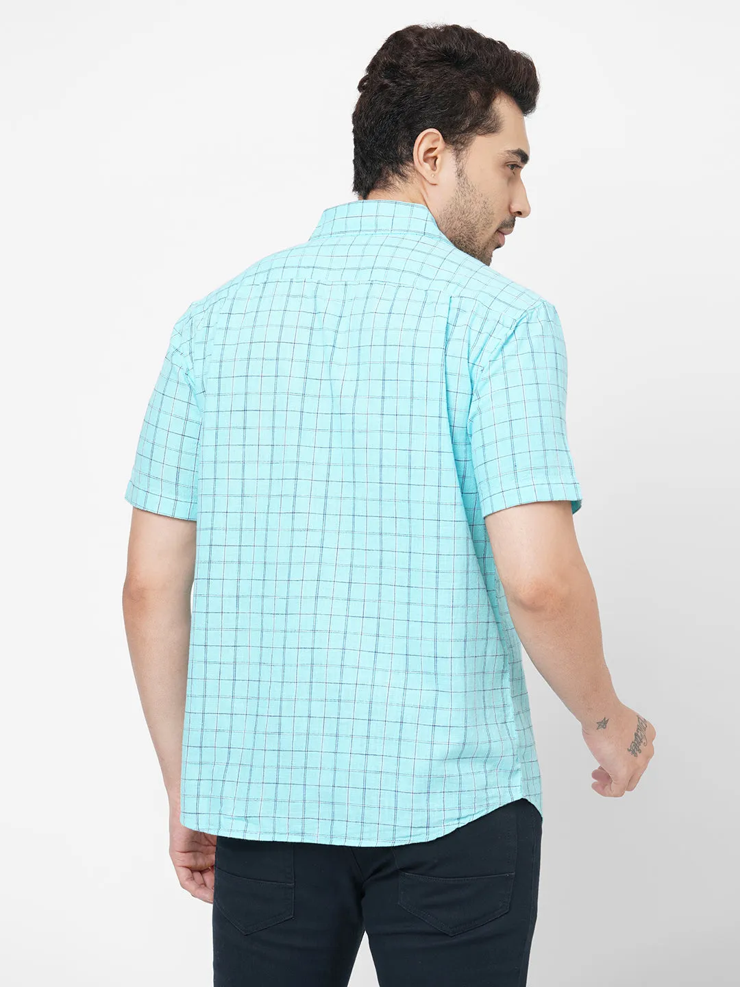 Men's Mint Cotton Regular Fit Checked Shirt