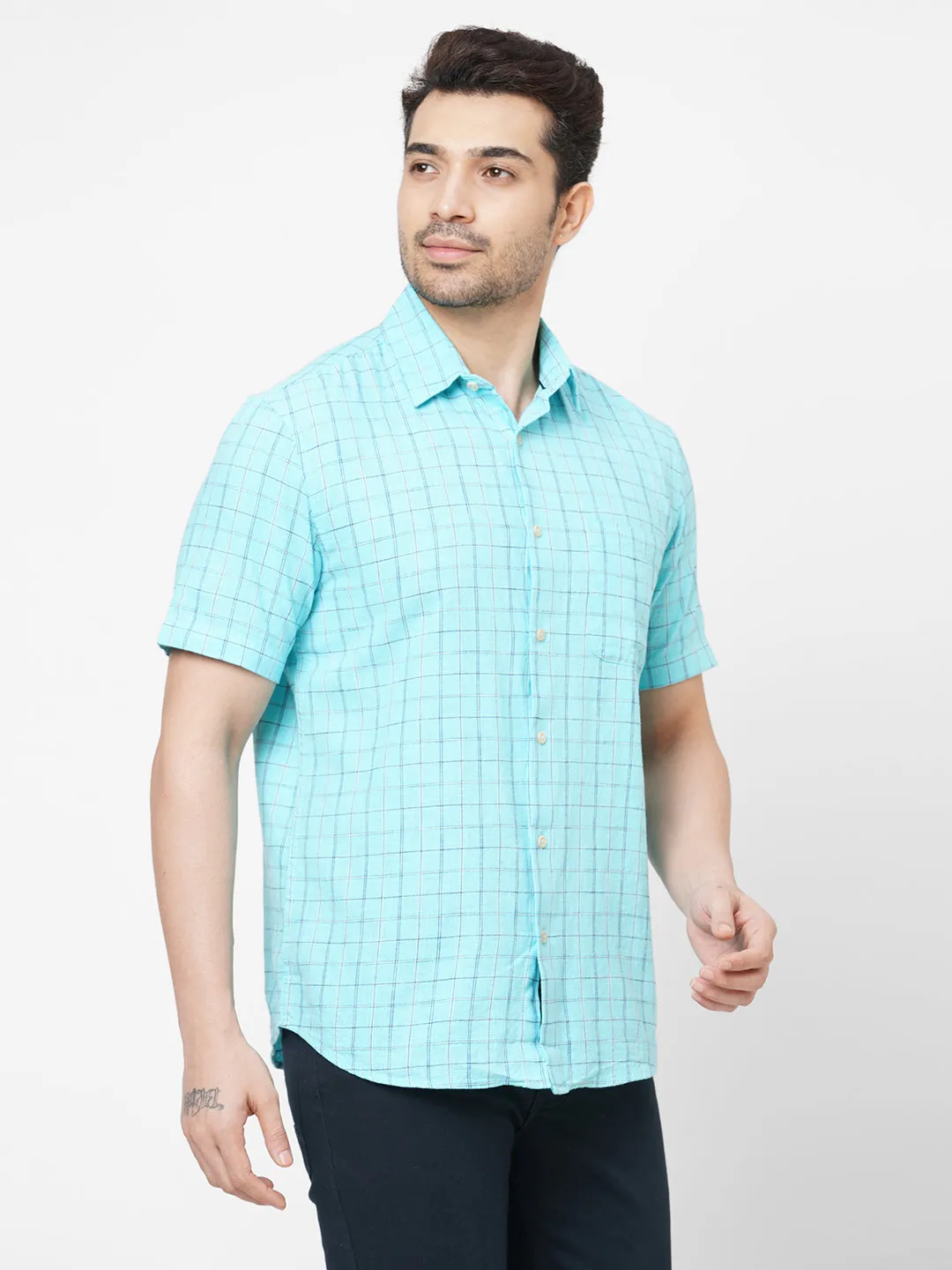 Men's Mint Cotton Regular Fit Checked Shirt