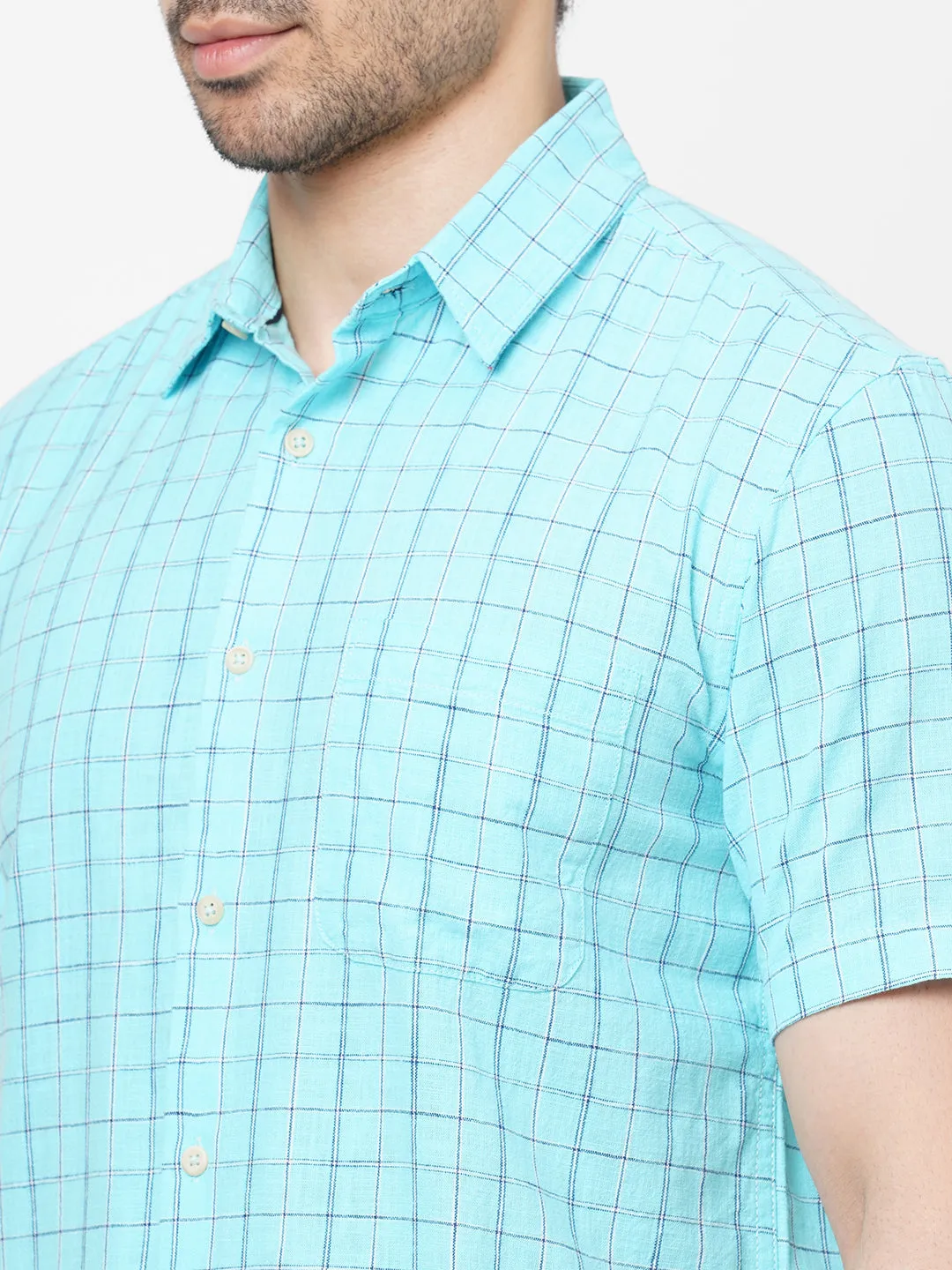 Men's Mint Cotton Regular Fit Checked Shirt