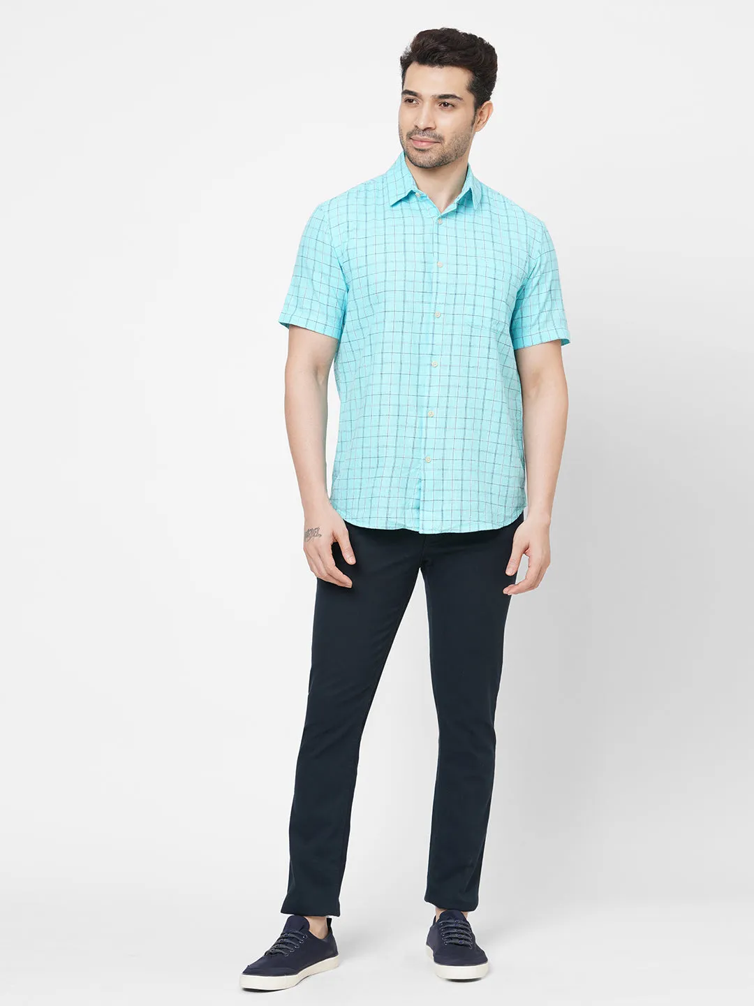 Men's Mint Cotton Regular Fit Checked Shirt