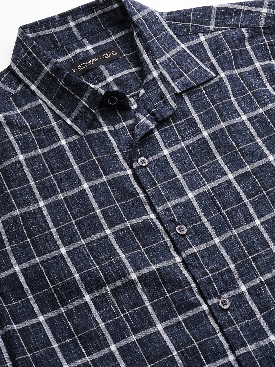 Men's Navy Cotton Regular Fit Checked Shirt