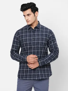 Men's Navy Cotton Regular Fit Checked Shirt