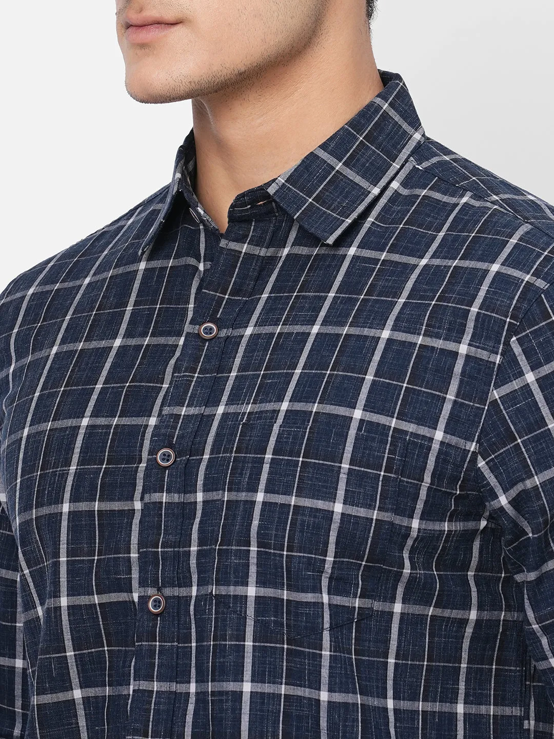 Men's Navy Cotton Regular Fit Checked Shirt