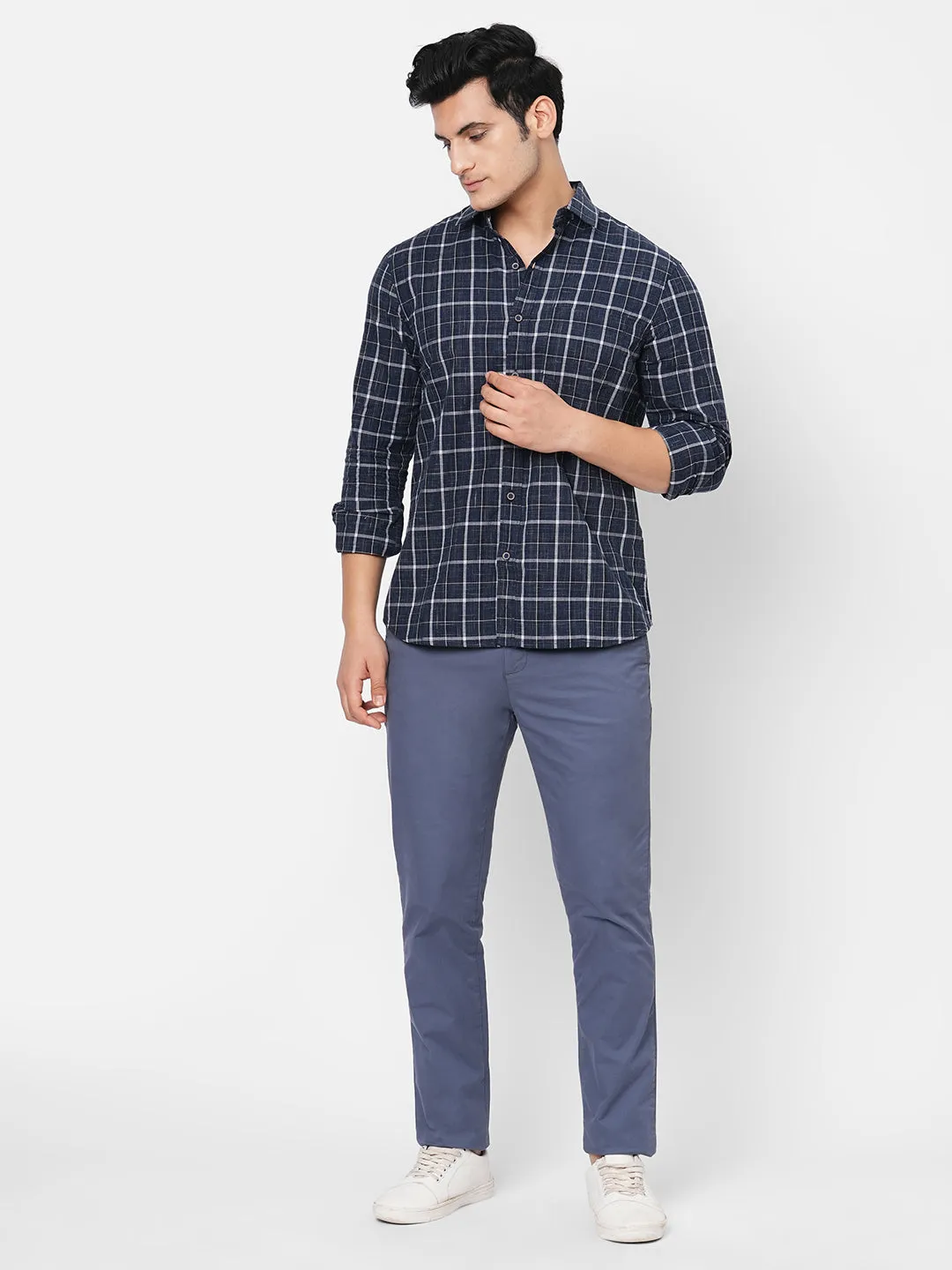 Men's Navy Cotton Regular Fit Checked Shirt