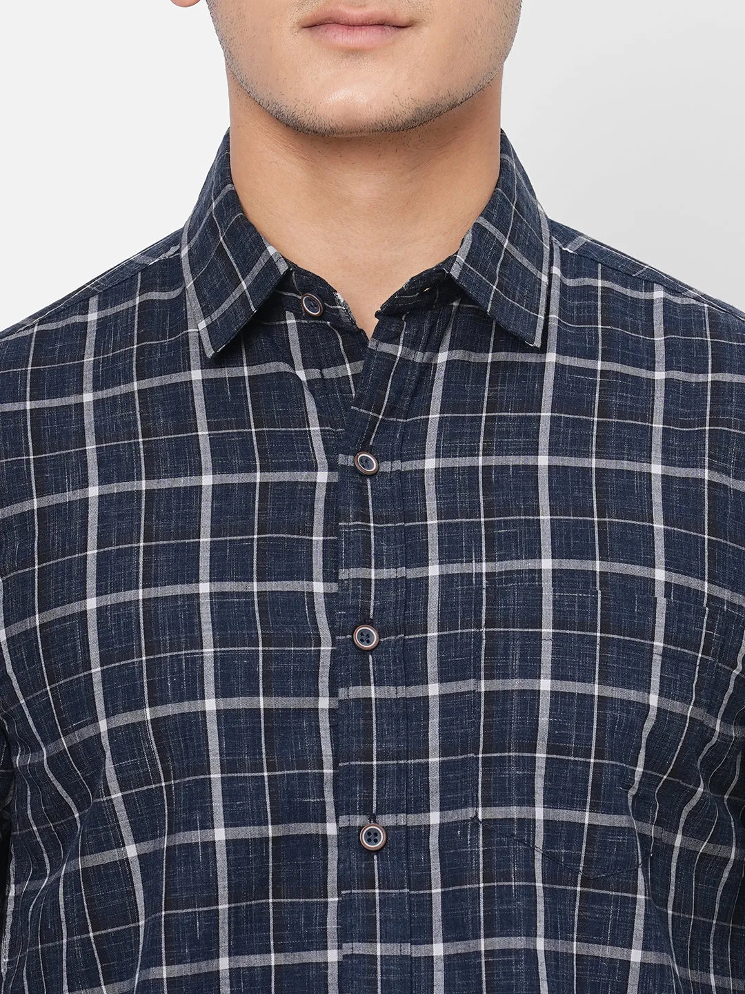 Men's Navy Cotton Regular Fit Checked Shirt