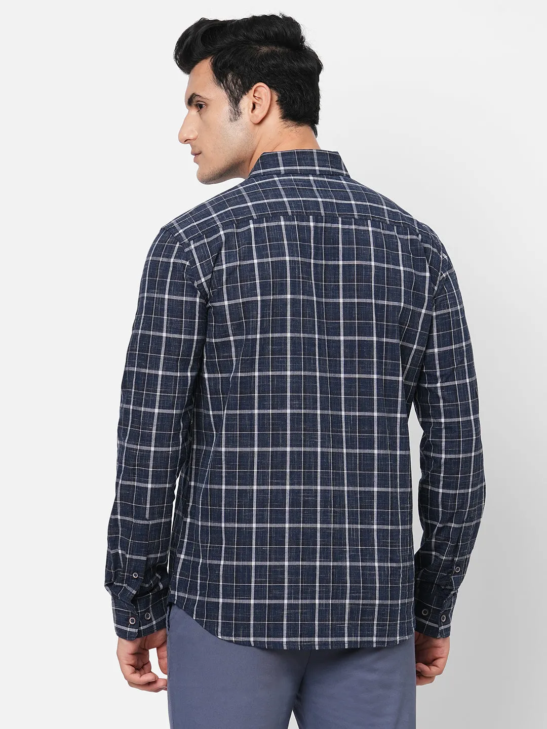 Men's Navy Cotton Regular Fit Checked Shirt