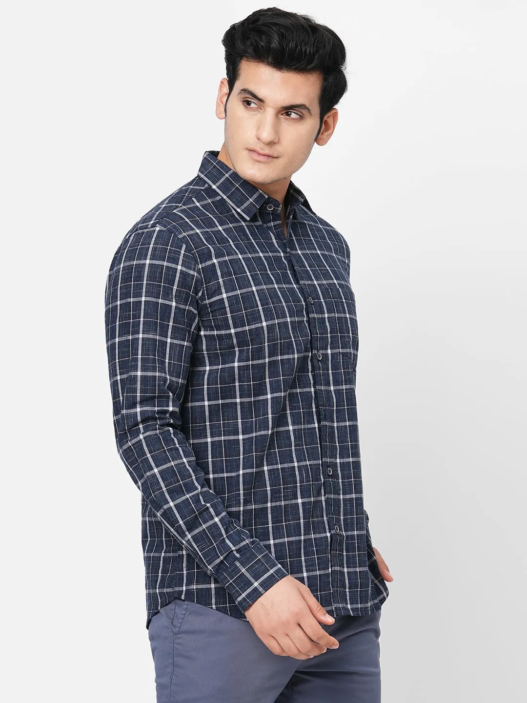 Men's Navy Cotton Regular Fit Checked Shirt