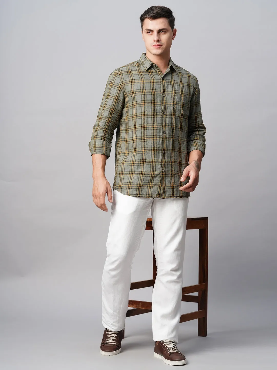 Men's Olive Linen Regular Fit Checked Shirt