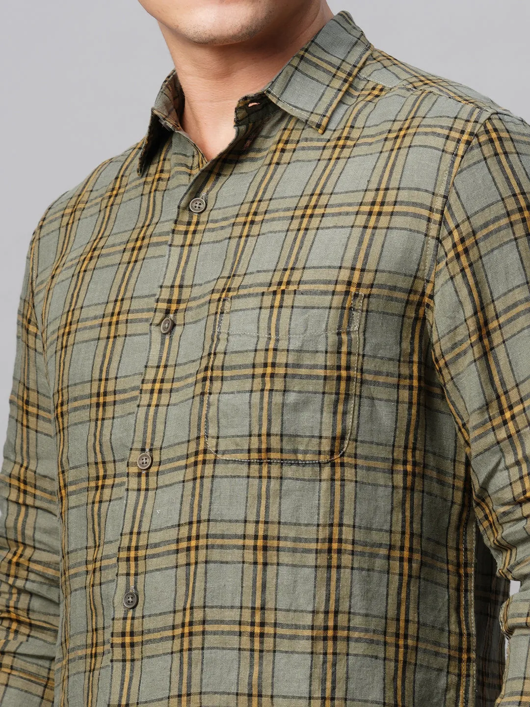 Men's Olive Linen Regular Fit Checked Shirt