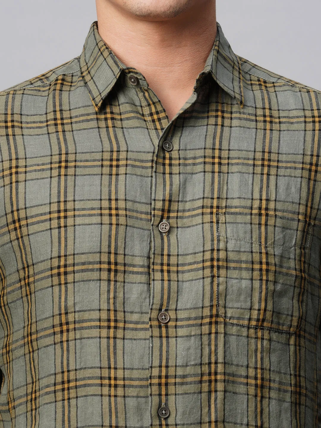 Men's Olive Linen Regular Fit Checked Shirt