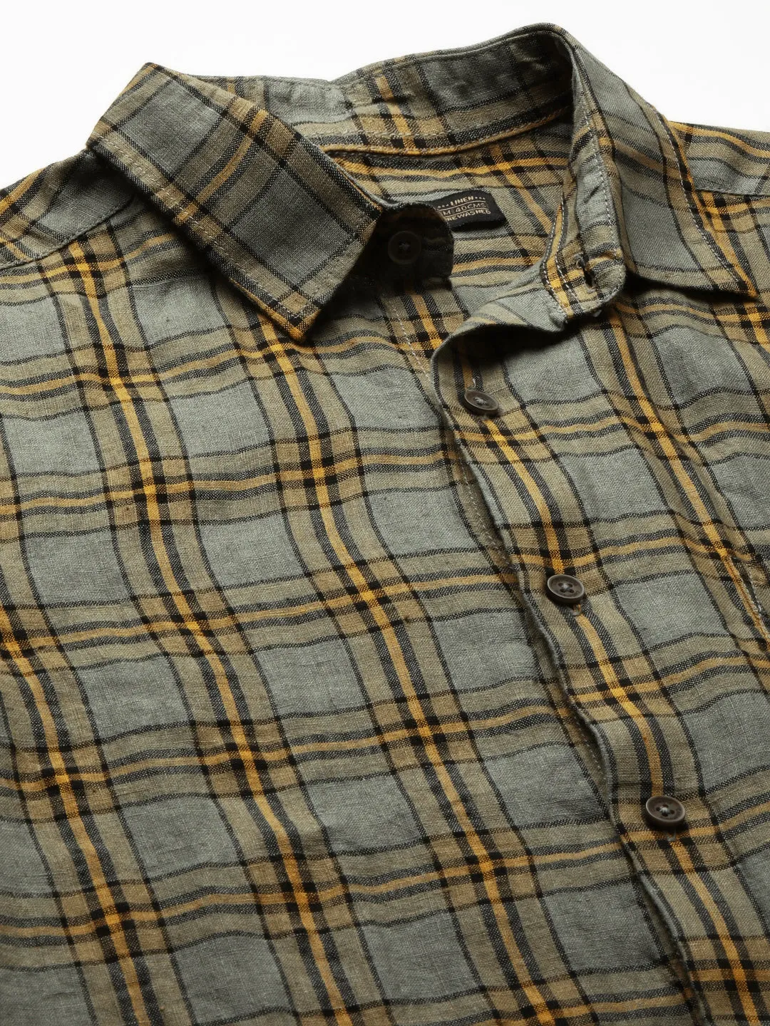 Men's Olive Linen Regular Fit Checked Shirt