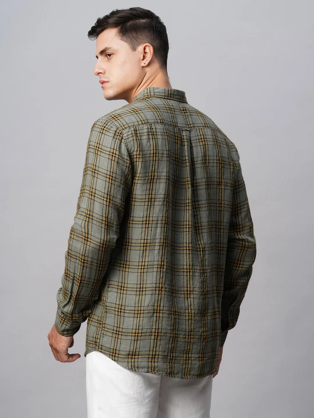 Men's Olive Linen Regular Fit Checked Shirt