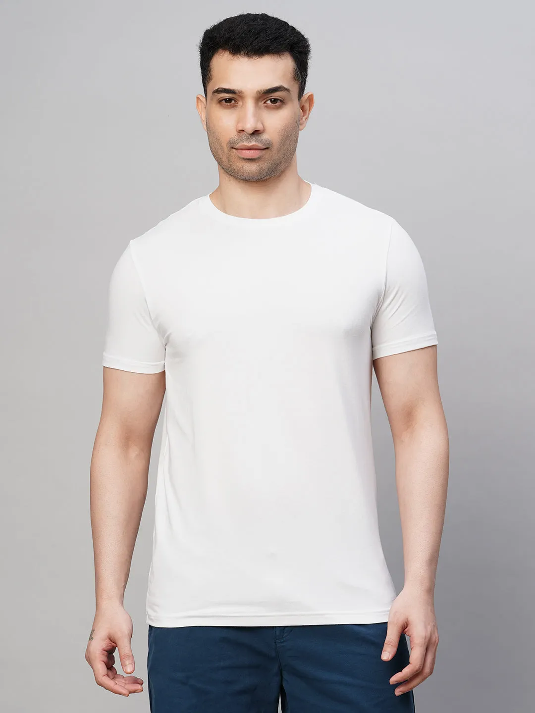 Men's White Cotton Bamboo Elastane Regular Fit Tshirt