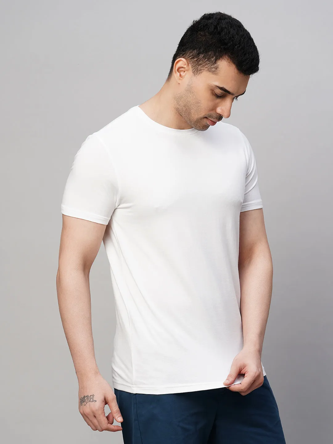 Men's White Cotton Bamboo Elastane Regular Fit Tshirt