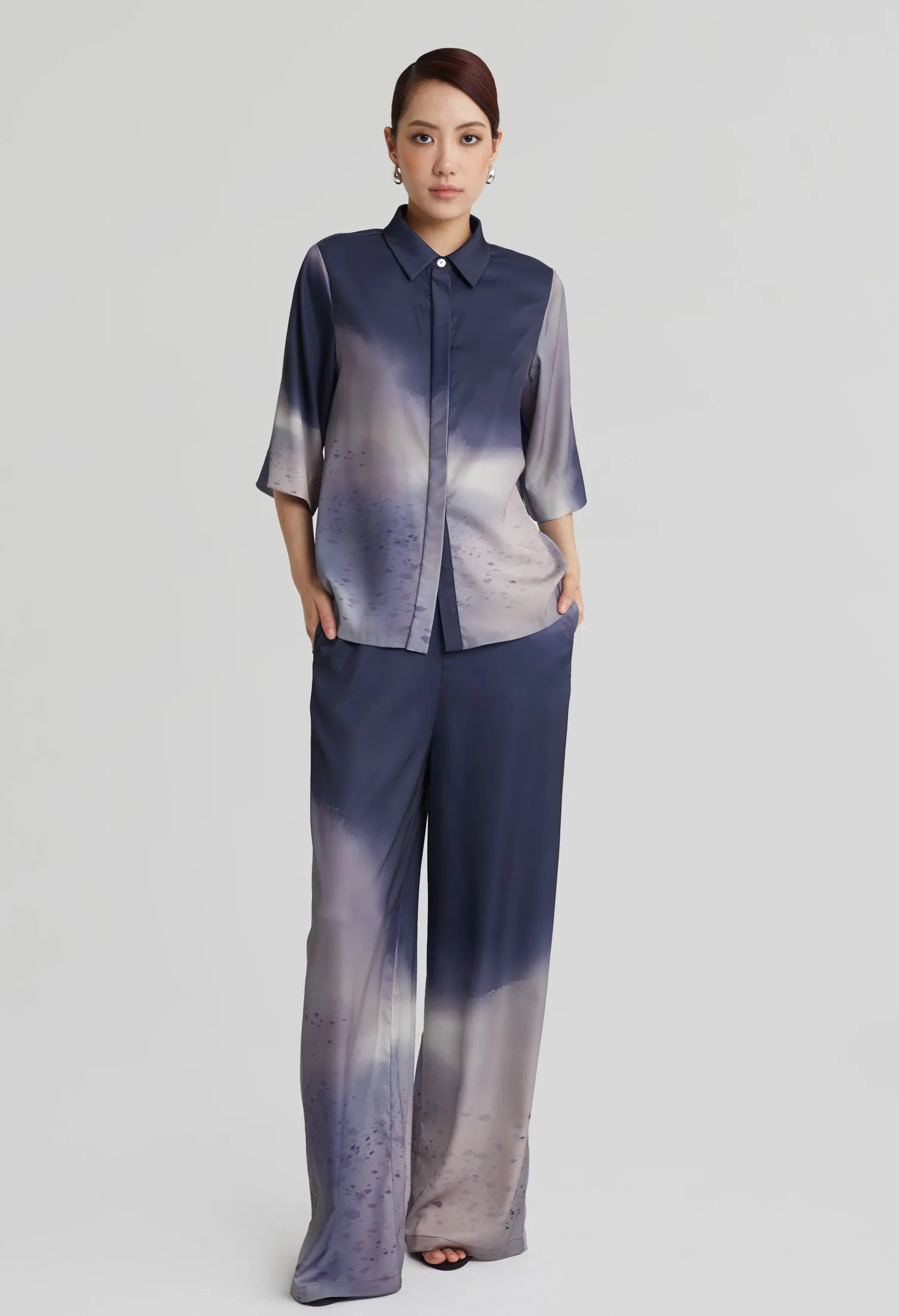 nichii X NURITA HARITH Gradient Indigo Collared Silk Top