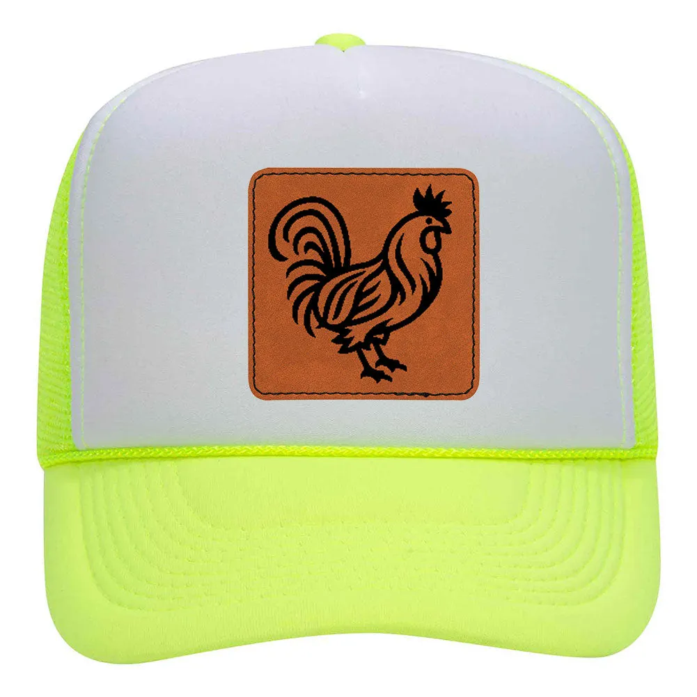 Rooster Leatherette Neon 5 Panel High Crown Foam Mesh Back Trucker Hat - For Men and Women