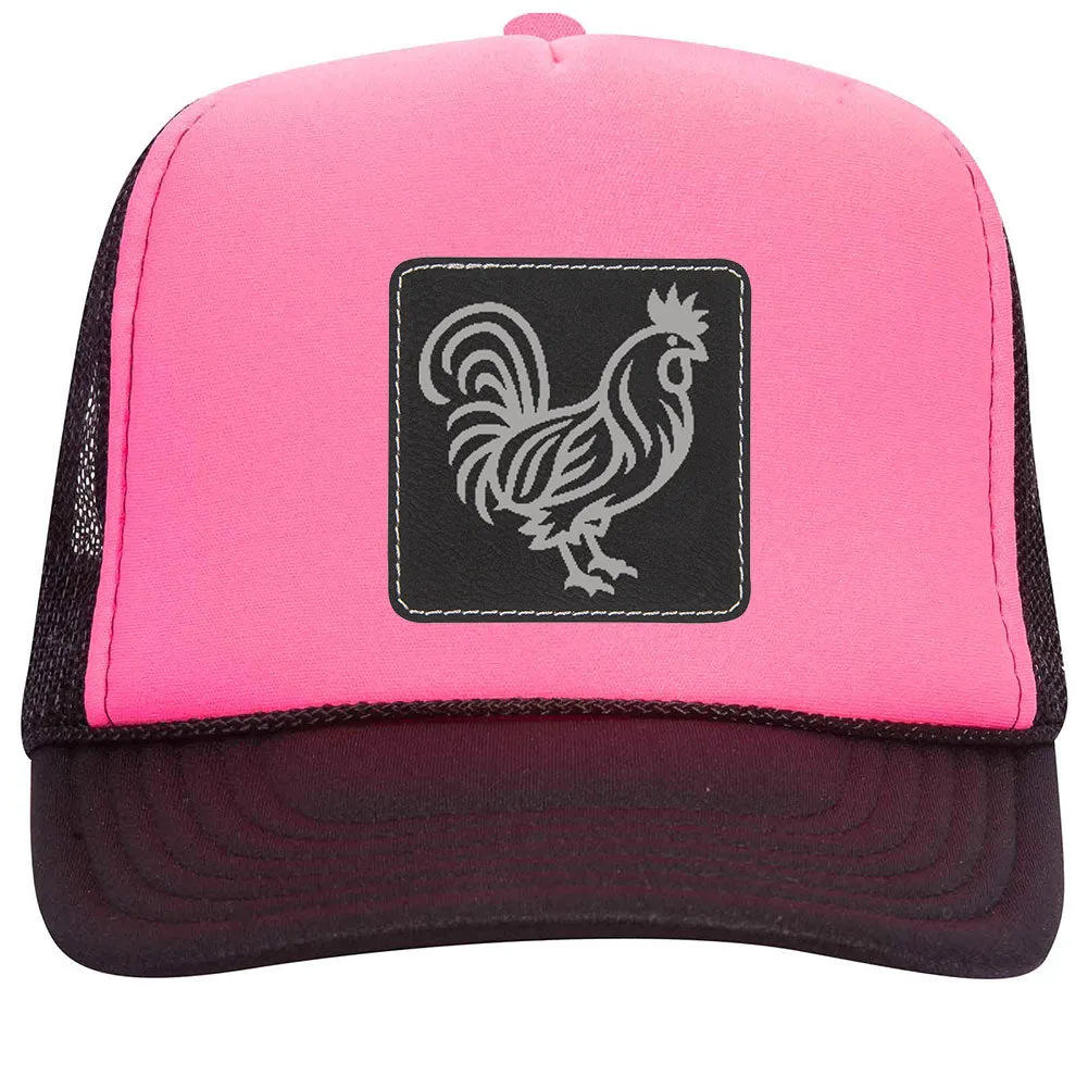 Rooster Leatherette Neon 5 Panel High Crown Foam Mesh Back Trucker Hat - For Men and Women