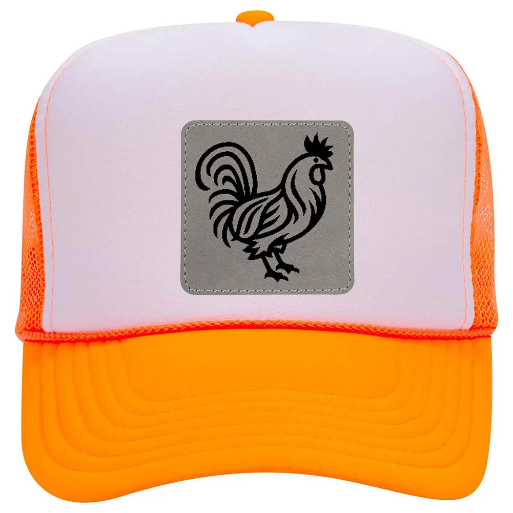 Rooster Leatherette Neon 5 Panel High Crown Foam Mesh Back Trucker Hat - For Men and Women